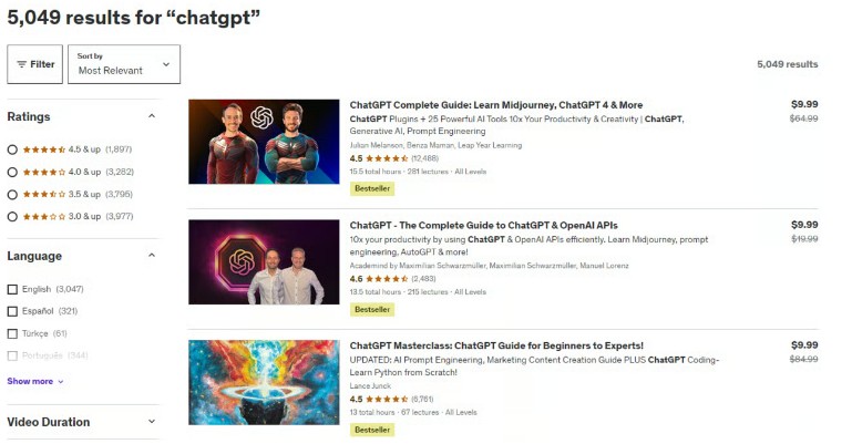 Thousands of ChatGPT courses on Udemy with tens of thousands of students enrolled