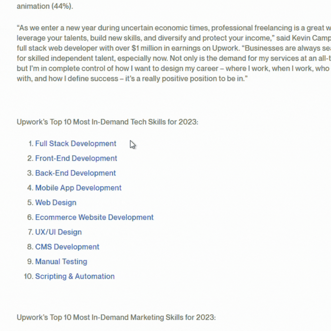 Upwork's list of in-demand freelance skills